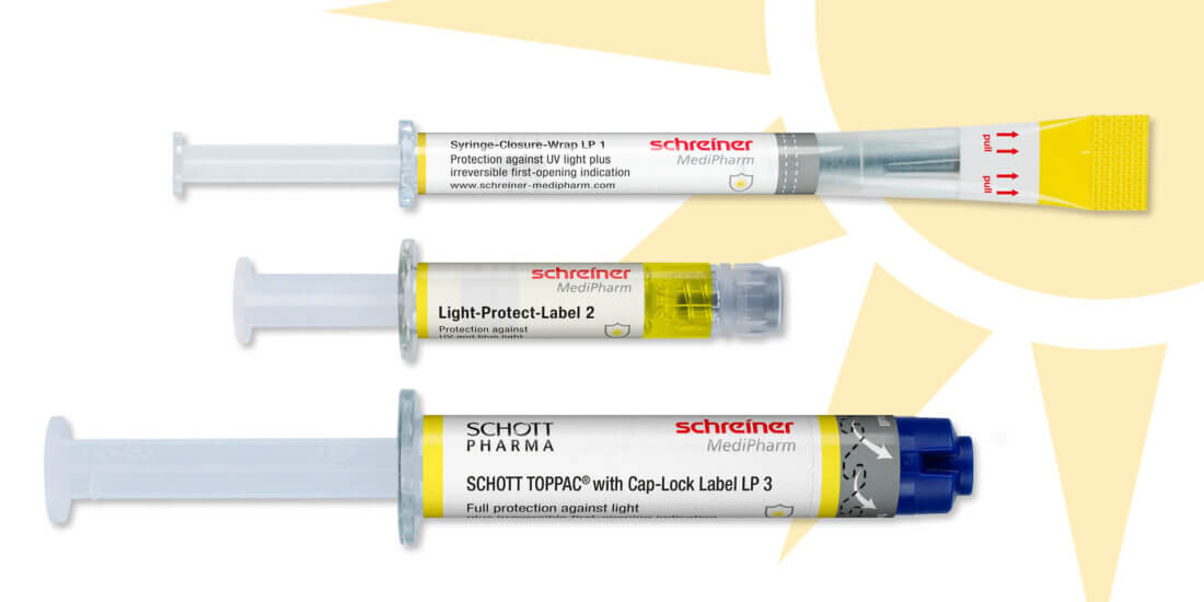 Syringe-Closure-Wrap, Light-Protect-Label, and Cap-Lock Label (from top to bottom) have been designed to meet the individual requirements of pharmaceutical companies.