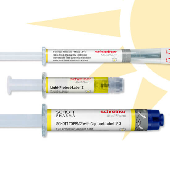 Syringe-Closure-Wrap, Light-Protect-Label, and Cap-Lock Label (from top to bottom) have been designed to meet the individual requirements of pharmaceutical companies.