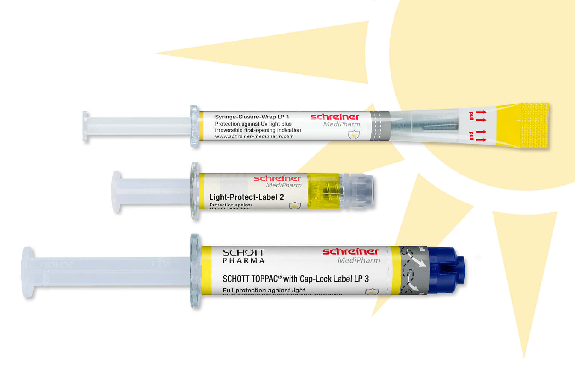 Syringe-Closure-Wrap, Light-Protect-Label, and Cap-Lock Label (from top to bottom) have been designed to meet the individual requirements of pharmaceutical companies.