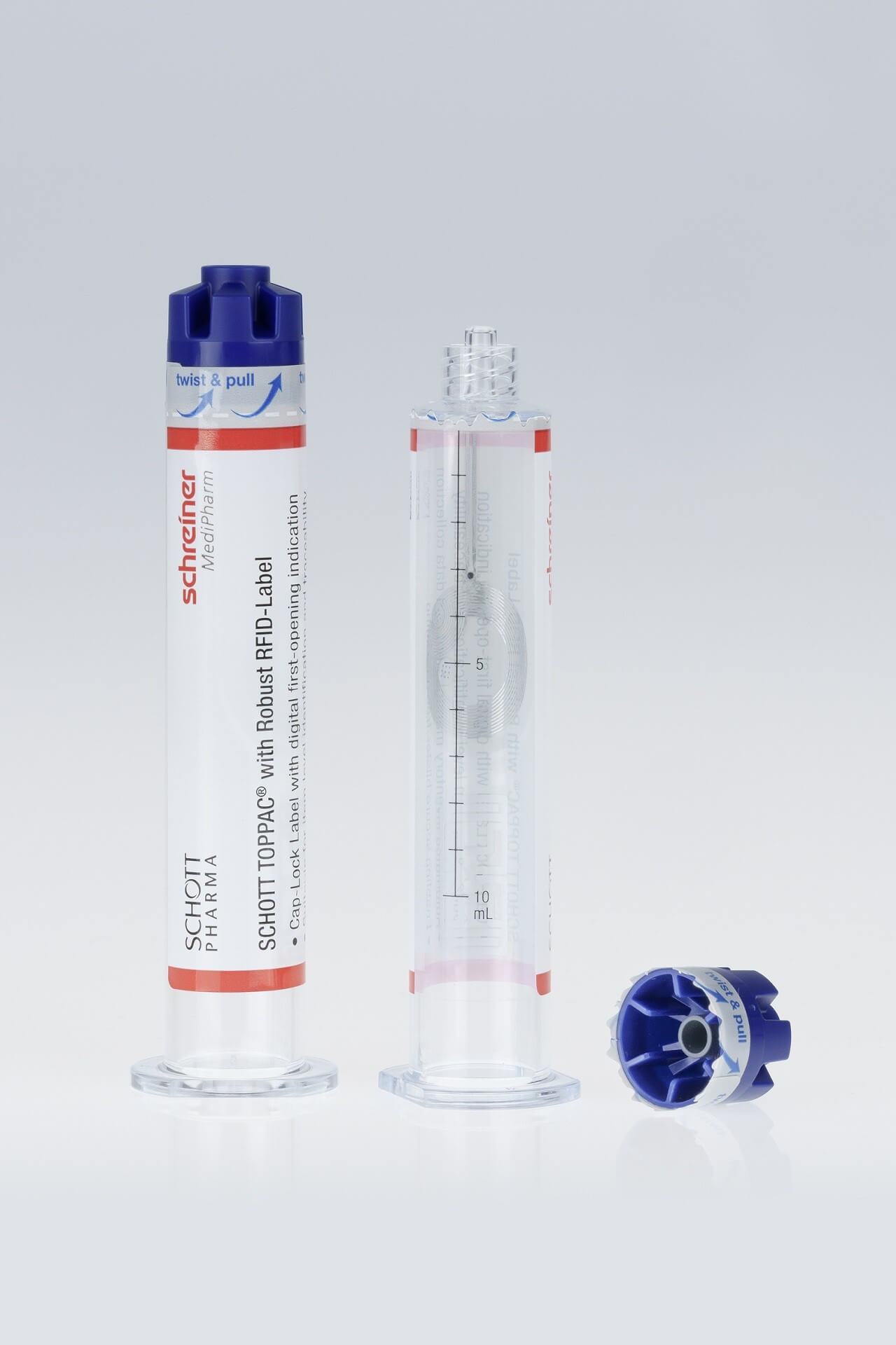 Optimal-Protection-for-Syringes The Cap-Lock Label from Schreiner MediPharm wraps around the syringe and cap, irreversibly indicates first opening, and additionally offers a digital first-opening indication due to an integrated RFID chip.