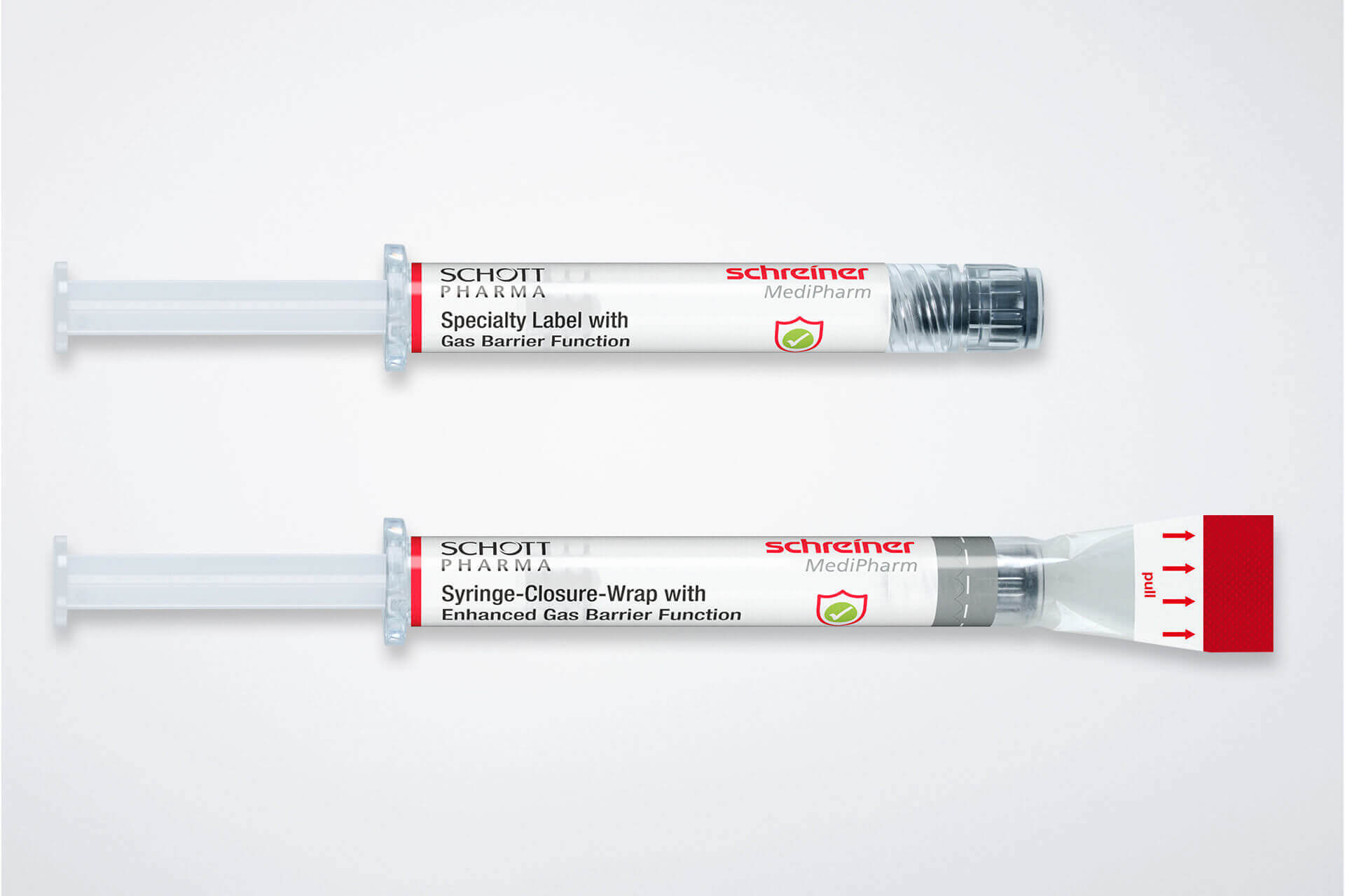 Two barrier solutions for COC syringes: The Gas-Protect-Label protects the syringe body, while the Syringe-Closure-Wrap additionally encloses the syringe cap and further increases the gas barrier.